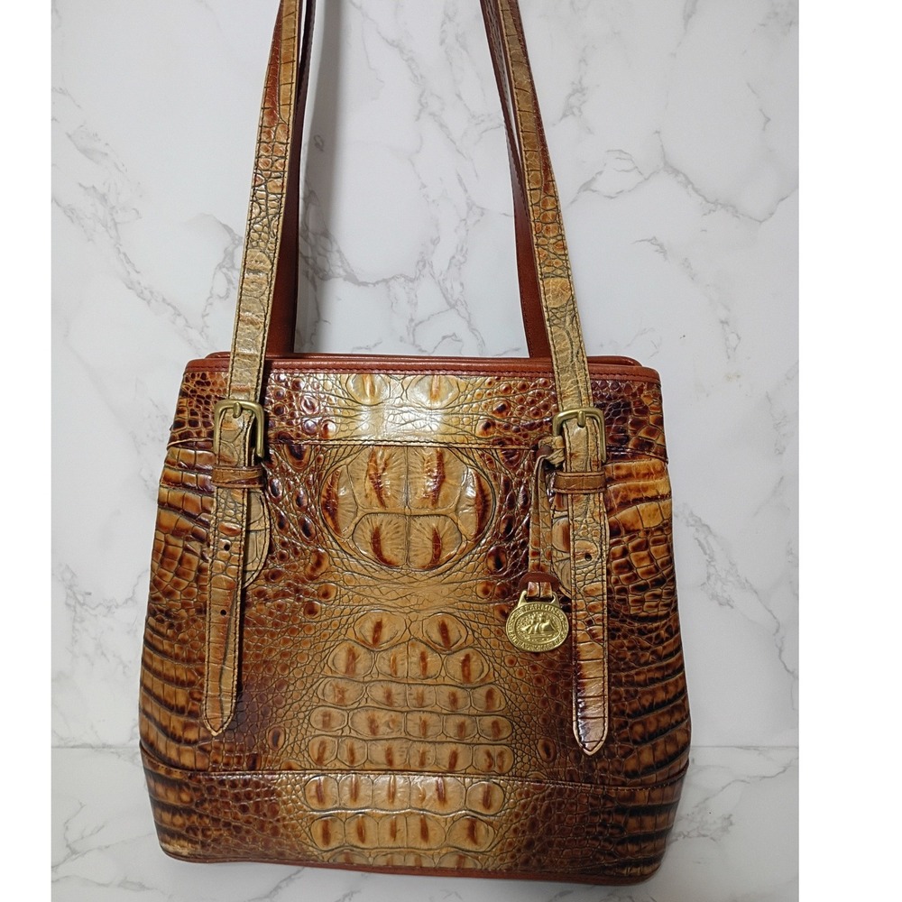 BRAHMIN Vintage Pecan Melbourne Crocodile-Embossed Leather Tote Bag - EUC